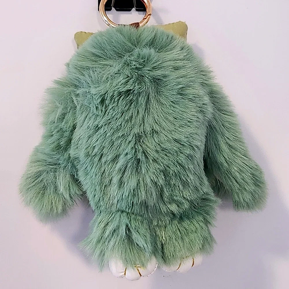 Sage Green Faux Fur Bunny Keychain Bag Charm with Olive Bow and Gold Accents